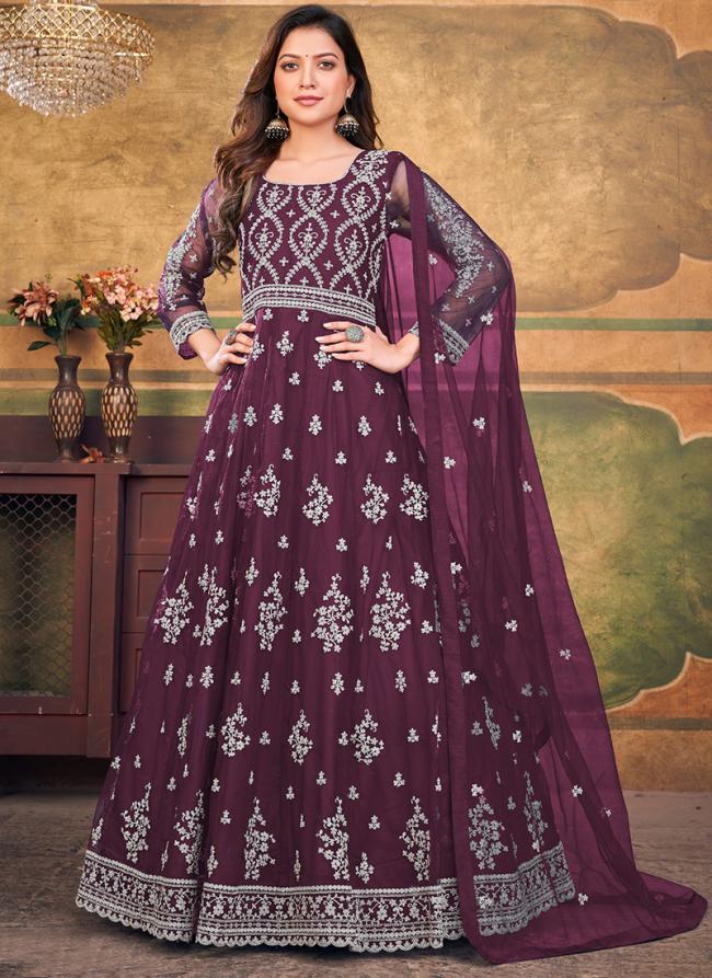 Net Purple Wedding Wear Embroidery Work Gown With Dupatta